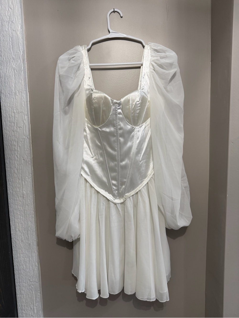 Miss Ord Lantern Sleeve White Mini Satin Bustier Skater Dress